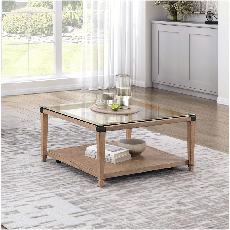 Table basse moderne et élégante avec finition brune et table de salon en verre trempé transparent, 18.5" H x 36" W x 36" D