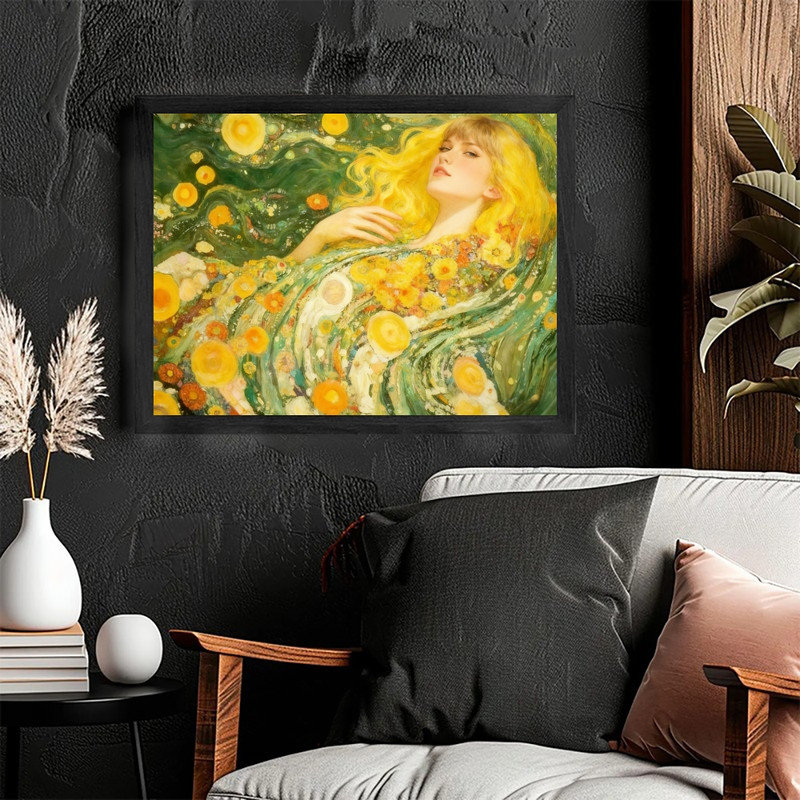 «Black Gustav Klimt», art abstrait avec femme et fleurs, H 37 po x l 25 po