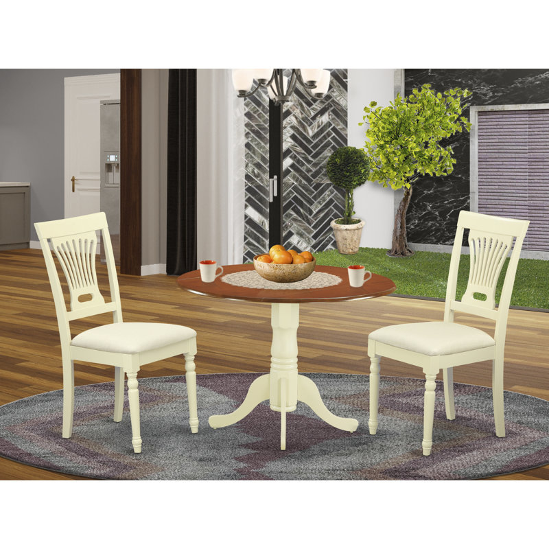 Dublin Leaf Rubberwood Solid Wood Dining Set, Saddle Brown, 3 Pieces: 1 Table, 2 Chairs, Linen Fabric