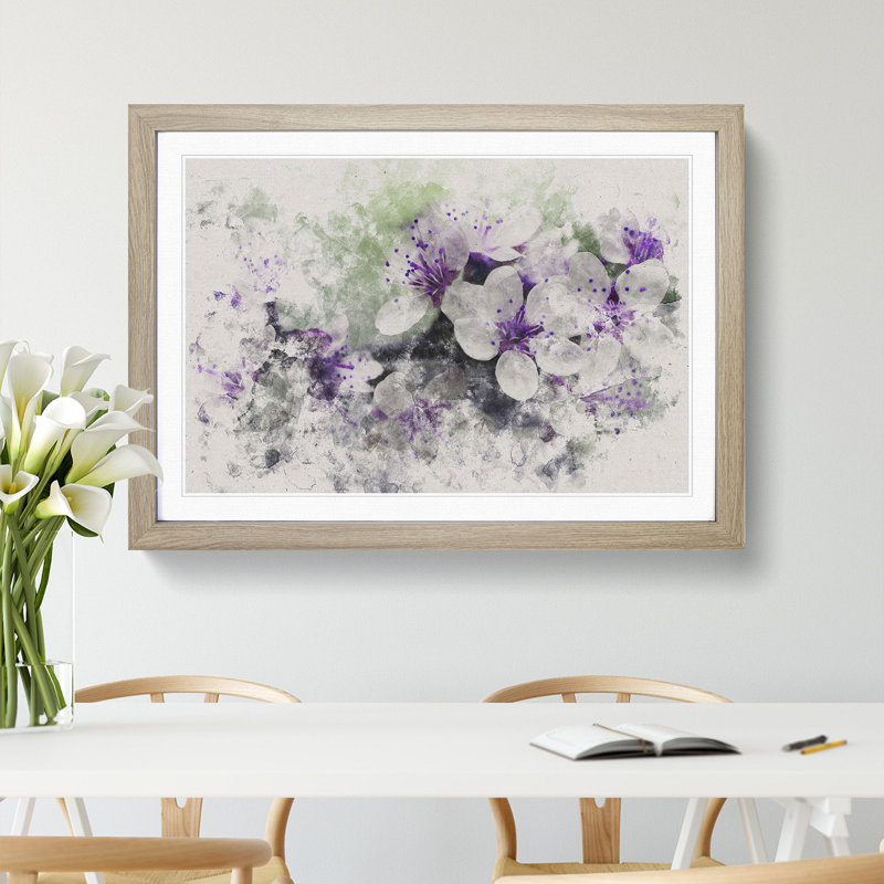 White and Purple Blossoms - Picture Frame Graphic Art, 27cm H x 36cm W x 2cm D, Oak Framed