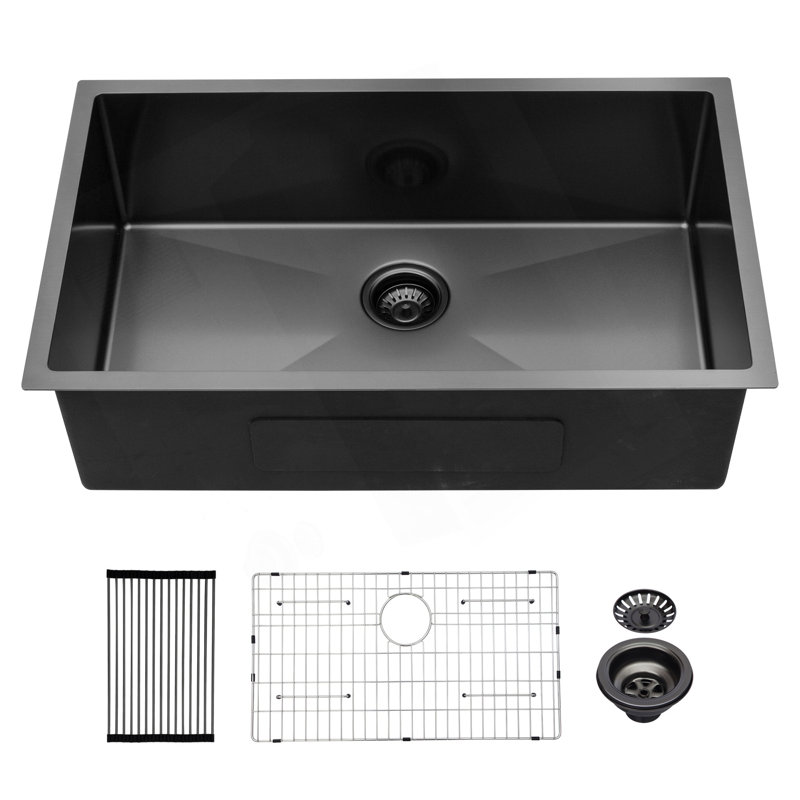 Évier de cuisine encastrable 32 po - 32 po x 19 po x 10 po - Évier de cuisine noir encastrable noir de calibre 16 - Évier de cuisine à cuve simple de profondeur 10 pouces