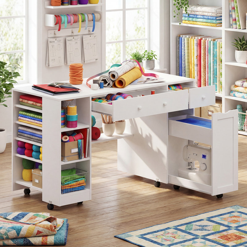 53″W Pull-Out Sewing Craft Table with Storage,Mobile Sewing Machine Desk with Drawers & Adjustable Cabinet, white