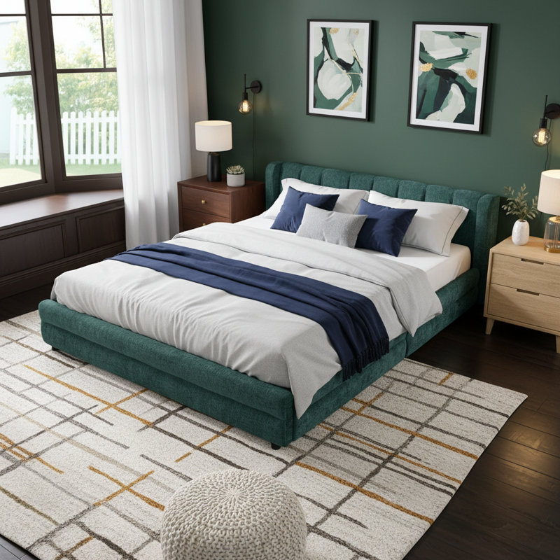 Structure de lit tapissier pour grand lit avec tissu en chenille épais et tiroirs de rangement sous le lit, Grand lit, Vert