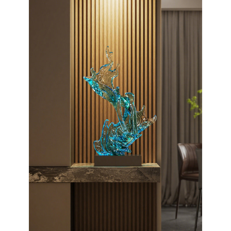 Transparent Wave Abstract Fiberglass Marble Base Sculpture Decoration Item, Blue