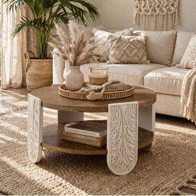 31.89" Carved Solid Wood Round Coffee Table, Retro 2-Tier Storage Side Table, Vintage Palace Style