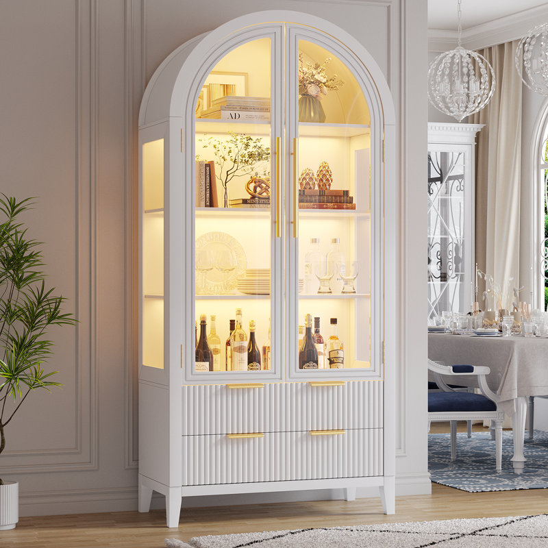 Freestanding Arch Display Cabinet with RGB Lights and Motion Sensor, Large Capacity Tempered Glass Doors Office Storage Cabinets