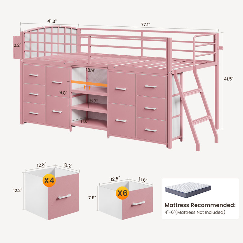 Lit mezzanine simple pour enfant avec éclairage à DEL, 10 tiroirs et 3 tablettes ouvertes pour enfants, Rose