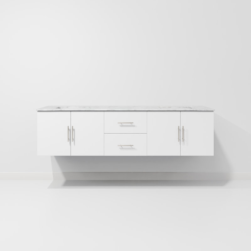 Ensemble de meuble-lavabo double mural 72 "Geneva, Blanc lustré, Marbre de Carrare blanc
