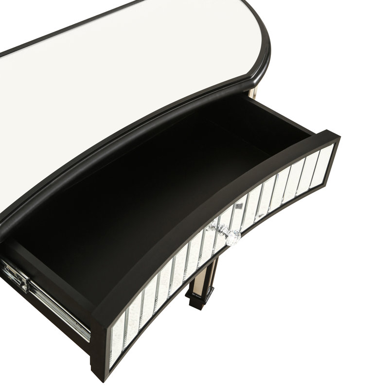 47" Half-Moon Mirrored Vanity Desk With Fluted Glass & Crystal Knob Drawer - Silver Entryway Vanity Desk, Black/Sliver