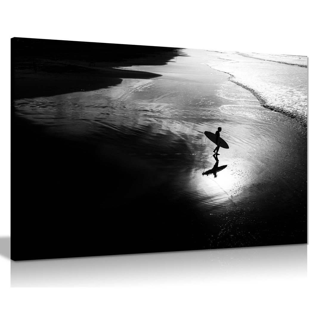 Panther Print Fine Art Prints Black & White Surfer Beach Waves Artistic Framed Canvas Print, Pictures For Home Walls, Bedroom, Living Room & Bathroom