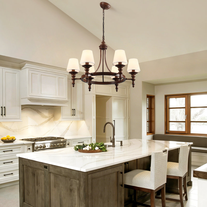 6 Light Classic Farmhouse Wagon Wheel Chandelier With White Shade For Dining Room & Living Room - Dimmable Lighting, Brown