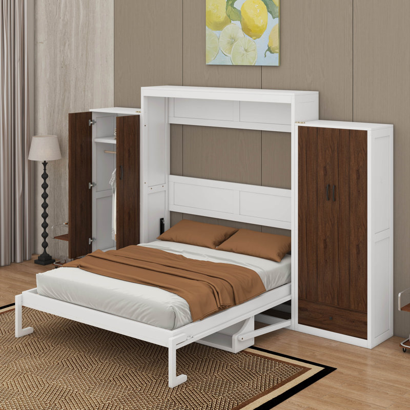 Lit escamotable double pleine grandeur avec placard, tiroirs et table
