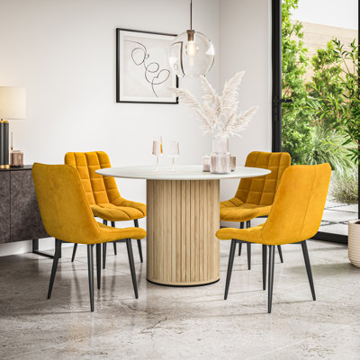 Arlo White Marble Table Top W Oak Legs + Nova Velvet Dining Chair Mustard Set Of 6