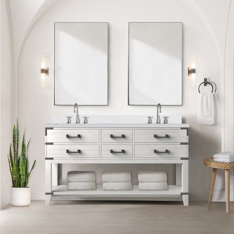 Meuble-lavabo double en chêne blanc 60 po X P 22 po D, avec plateau en quartz blanc, H 34,12 po x l 60 po x P 22 po
