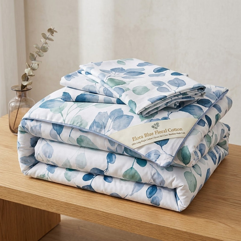 Ensemble d'édredon réversible 100% coton Elora Blue Canterbury Bells, Édredon grand et 2 taies décoratives