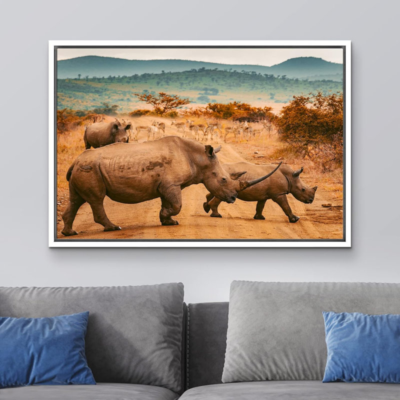 Animaux, savane africaine, safari, jungle, rhinocéros, H 16 po x l 24 po x P 1,5 po, Cadre blanc