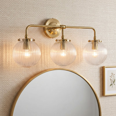 24 in. 3-Light Modern Brass Ribbed Glass Shades Wall Sconce Vanity Light