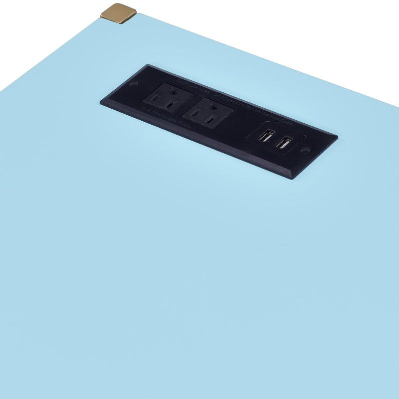 Bureau d'écriture avec prises intégrées Fultonville, Bleu Aruba / doré