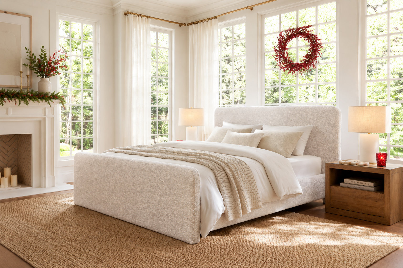 Nordic Upholstered Bed, Ivory Boucle, King