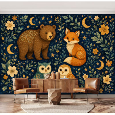 Wall Mural Peel and Stick Forest Animals Bear Fox Owls Whimsical Midnight Floral Large Wallpaper Self-Adhesive Removable Contact Paper Wall Decor for Living Room Bedroom Nursery 69"H x 96"W