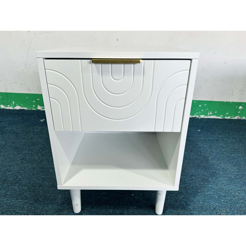 22.83 Inch High White Modern Bedside Table, Single Drawer Open Shelf With Gold Accent Handle