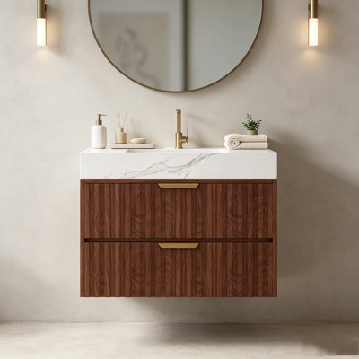 Floating Bathroom Vanity Cabinet with Seamless Sintered Stone Countertop, Wall-Mount Bath Vanity with Soft-Close Drawers for Small Bathroom & Powder Room