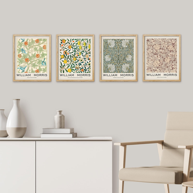 Reproduction de motifs floraux abstraits encadrés sur papier 4 pièces par William Morris, Naturel, H 14 po x l 11 po