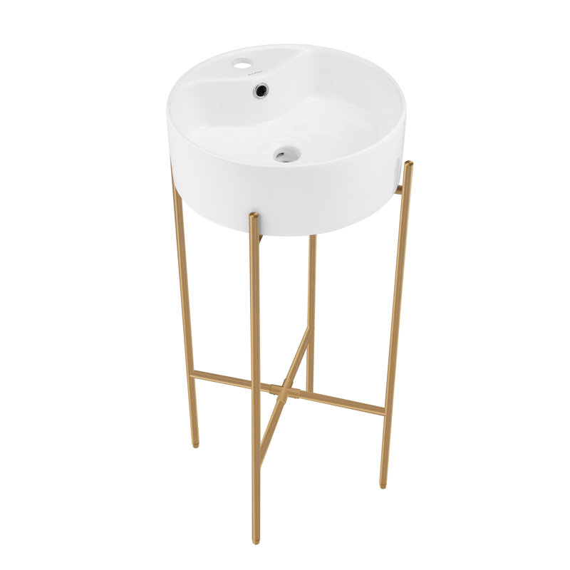 Monaco 15.75" Round Console Sink with Faucet Mount, White Basin, Brushed Gold