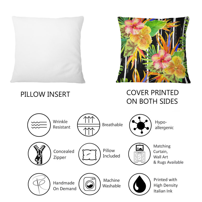Coussin décoratif imprimé de fleurs tropicales jaunes, rouges et vertes sur fond noir