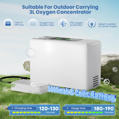 Générateur d'oxygène portatif 3L - concentrateur 33% avec sac et ensemble complet d'accessoires pour la maison (batterie: 5000 mAh)