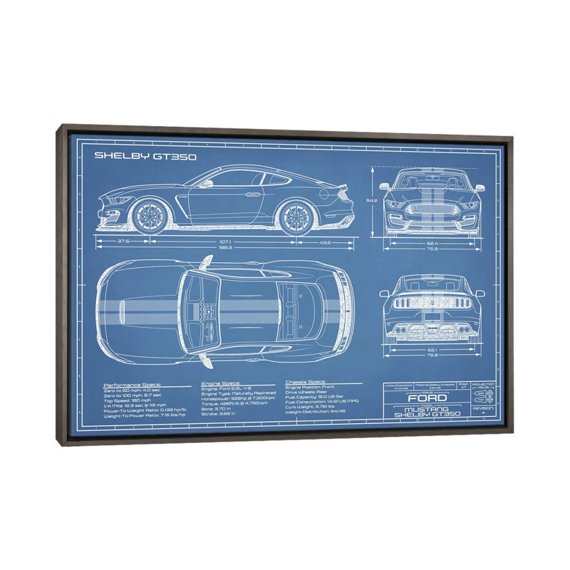 GT350 Shelby (2015-2019) Blueprint-impression de dessin, Toile encadrée de bois rustique foncé, Pas de tapis