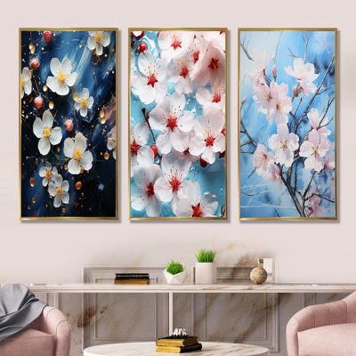 White And Blue Cherry Blossoms Flow I - Tree Cherry Blossom Canvas Prints Set Of 3