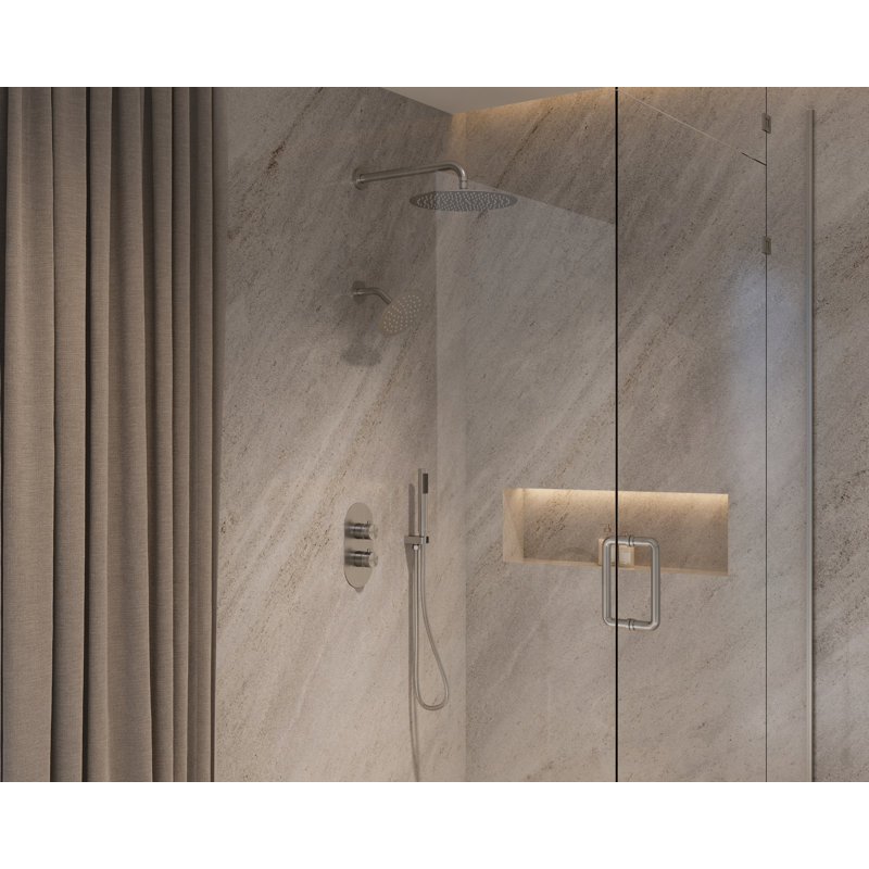 Système de douche à double pomme de douche 12 "et 6" avec douchette à main et valve à pression équilibrée en nickel brossé Angelsey