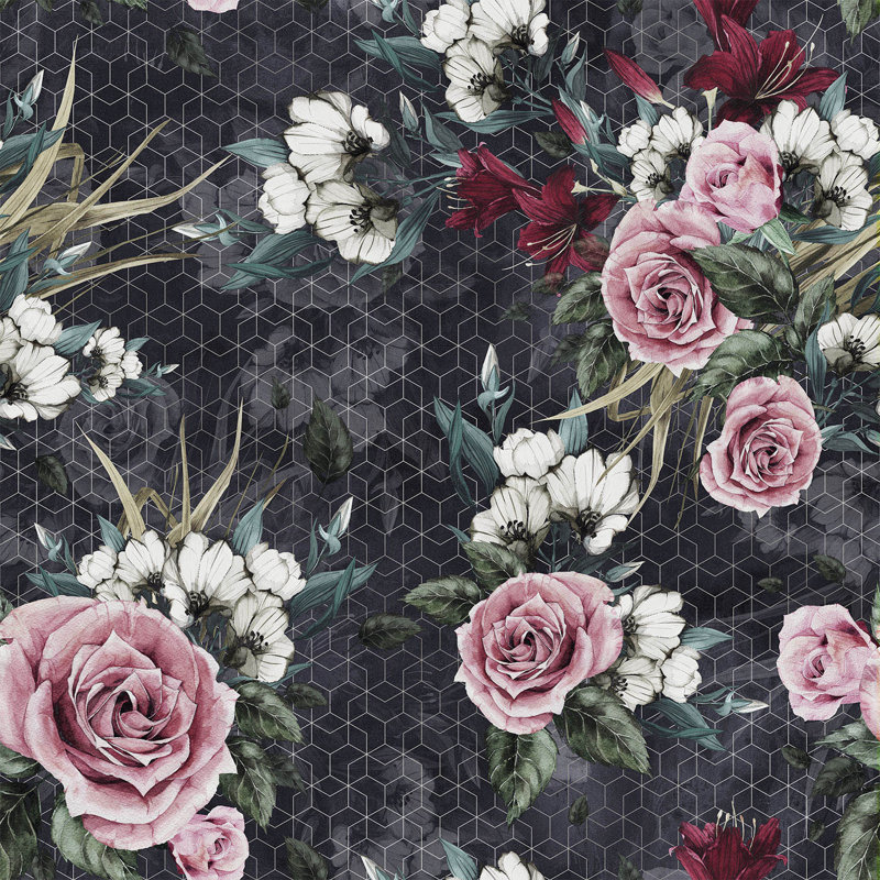 Murale fleur rose à motif géométrique foncé, L 49 po x l 75 po