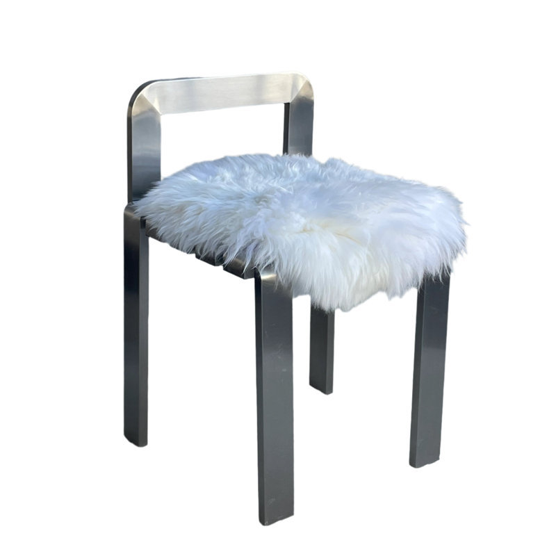 Oribe Silver Metal Chair with White Sheepskin Pad – Modern Stainless Steel Side, Vanity, or Dining Chair
