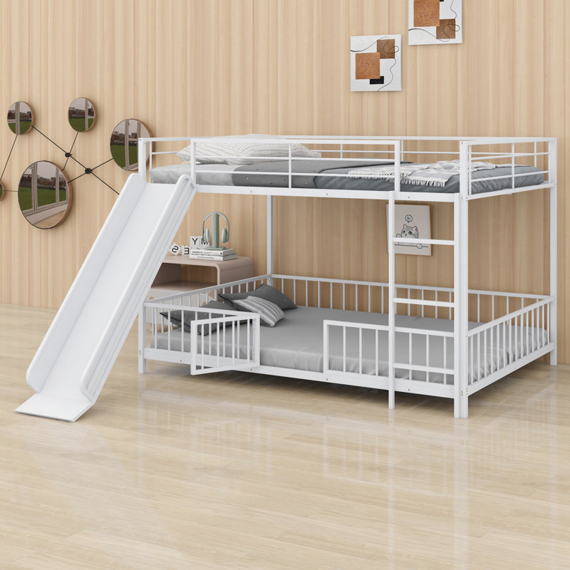 Metal Bunk Bed With Slide And Guardrails, Full Over Full, White