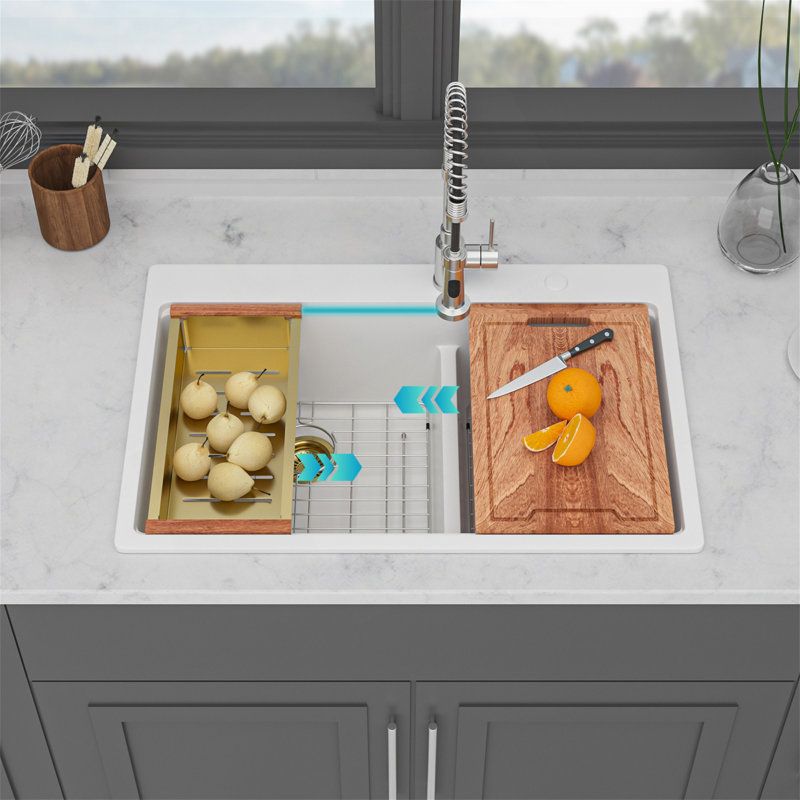 Évier de cuisine en quartz - Évier de cuisine encastré en granite blanc