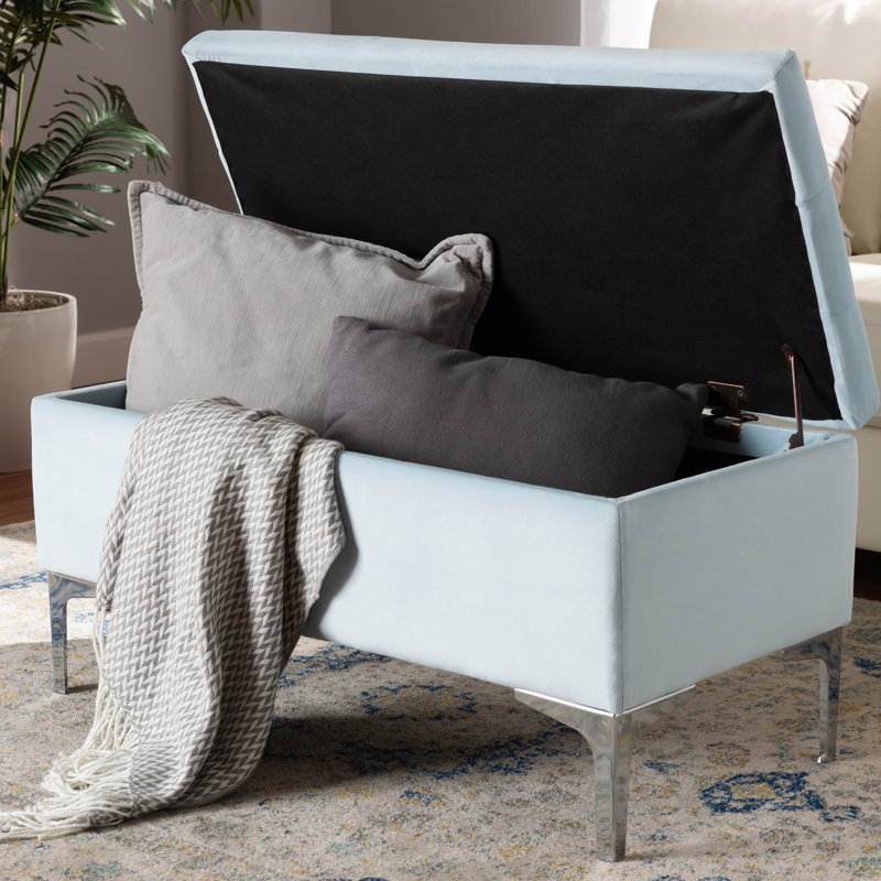 Velvet Tufted Rectangle Solid Colour Ottoman with Storage, Light Blue