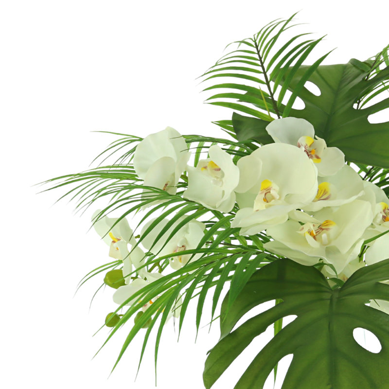 Tropical Floral Arrangement with Orchids and Palm Leaves