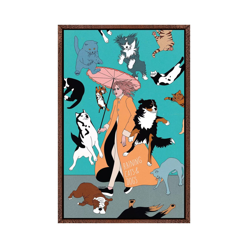 Cats And Dogs by Cosmo - Print on Canvas, 66.04cm H x 20.32cm W x 3.81cm D, Classic Brown Wood Framed Canvas