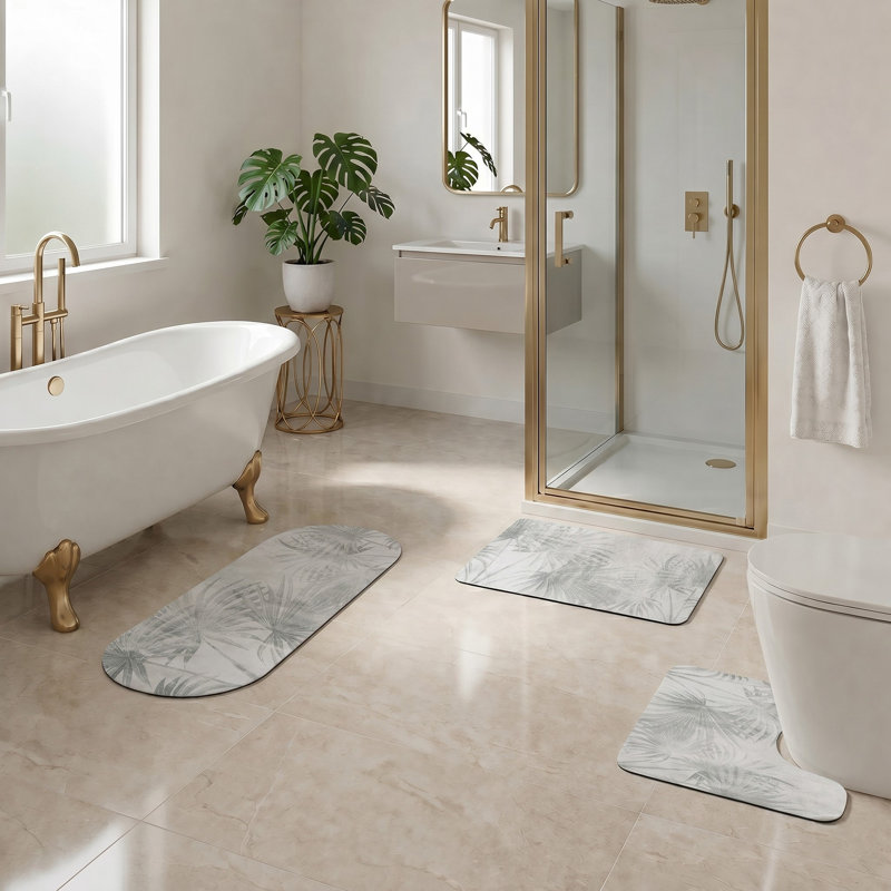 Ensemble de tapis de bain décoratif 3 pièces - Comprend standard, tapis de couloir et contour, Palmier gris clair