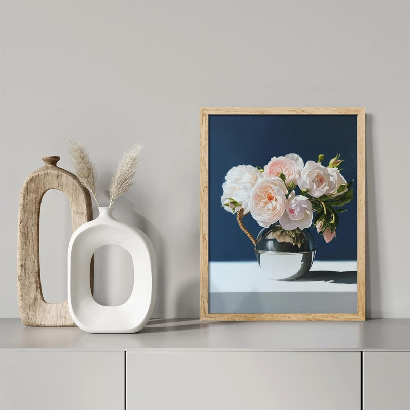«White Rose Flower Bouquet In Vase Wall Art Floral Botanical Prints Decor For Living Room, encadré sur papier», Naturel