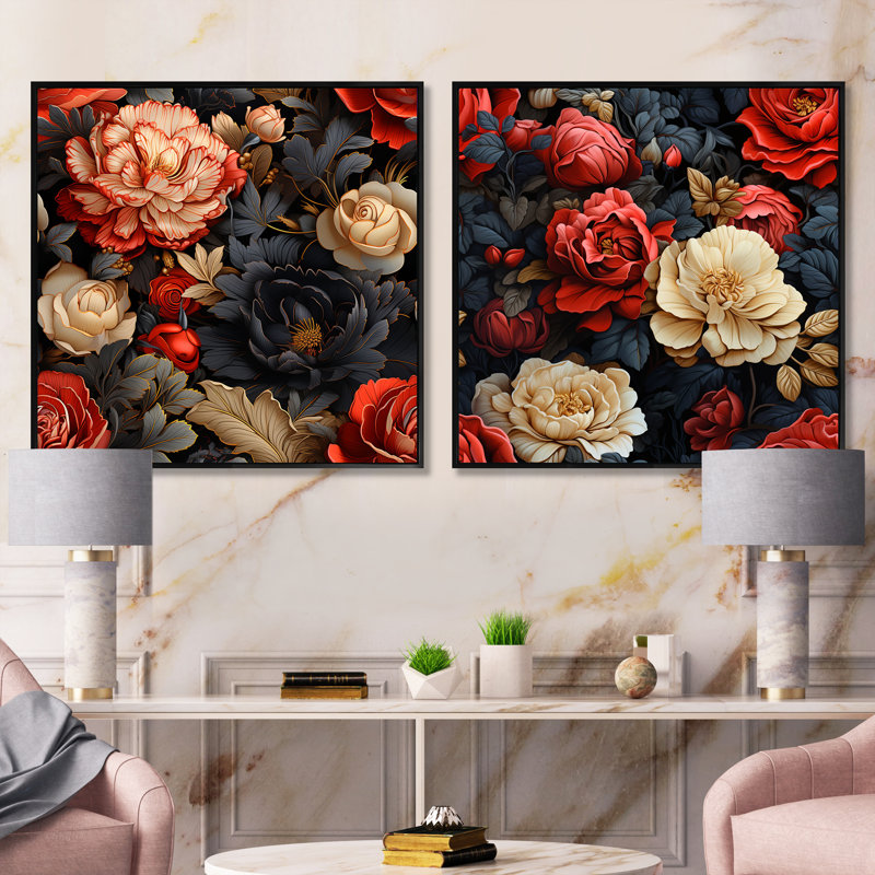 Opulence rouge victorienne rouge motif floral III - ensemble de 2 collages floraux carrés, Cadre flottant noir