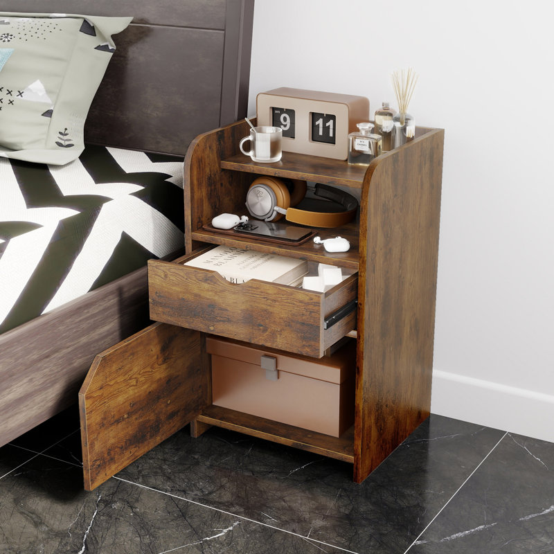Multi-Storage Nightstand with Drawer & Cabinet, Compact Side Table with Open Shelves for Bedroom, Functional Bedside Organizer