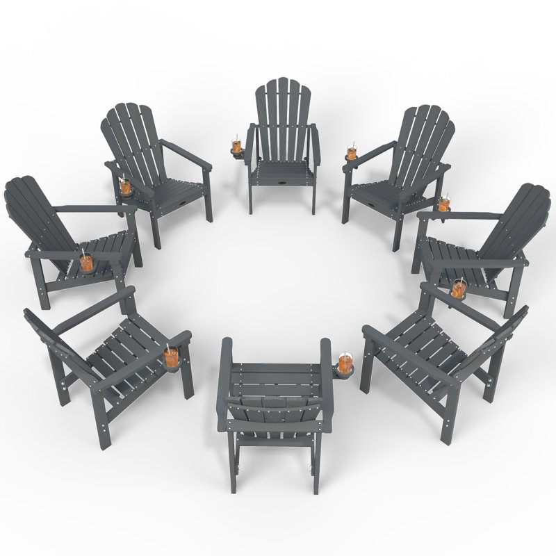 Pakkdiarie Set of 8 HDPE Stackable Adirondack Chairs with Cup Holders, All-Weather Outdoor Patio Chairs, Gray