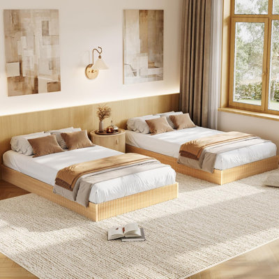 Structure de lit plateforme simple en bois TG, conception en bois cannelé, lattes de soutien solides, sans bruit, sans sommier, chêne