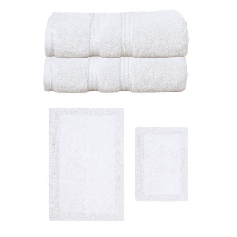 Ensemble de serviettes de bain 2 pièces et de tapis de bain 2 pièces Buariki, ensemble de 4, réversible, Blanc