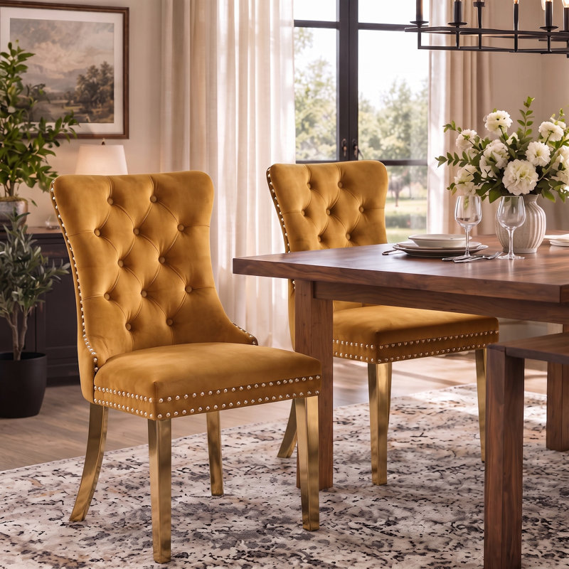 Chaise de salle à manger moderne en velours avec dossier capitonné et garniture cloutée (lot de 2)