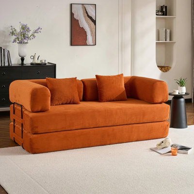 Canapé-lit convertible avec coussin cylindrique, canapé-lit pliant en velours côtelé avec structure de forme fixe, canapé-lit de salon pour la chambre à coucher (orange)