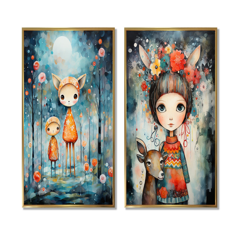 «Cute Childrens Christmas Decor I», ensemble de 2 reproductions d'art mural, Cadre flottant doré, H 28 po x l 25 po